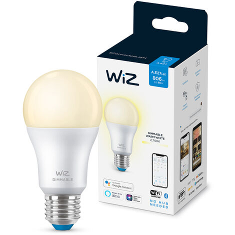 WiZ ampoule LED Connectée Wi-Fi à intensité variable E27, Blanc Chaud, équivalent 60W, 806 lumen, fonctionne avec Alexa, Google Assistant et Apple HomeKit
