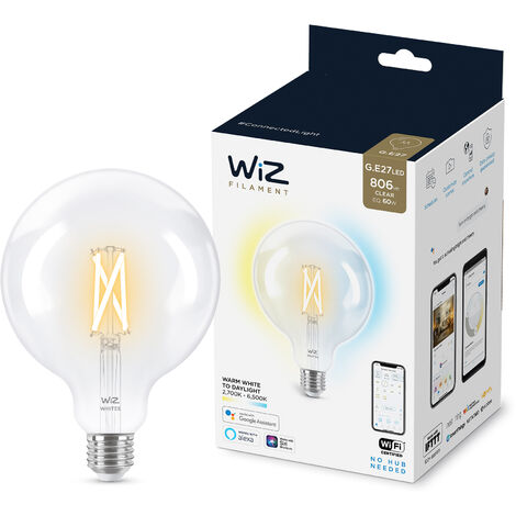 WiZ ampoule LED Connectée Wi-Fi Globe E27 Claire, Nuances de Blanc, équivalent 60W, 806 lumen, fonctionne avec Alexa, Google Assistant et Apple HomeKit