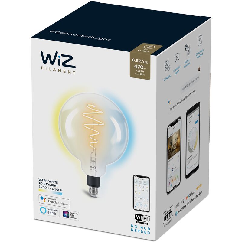 

Wiz Bombilla Wifi LED Filamento Regulable Blancos globo 200 60w E27 Luz blanca de cálida a fría, 2700-6500K, 6.5W (equivale a 40 W), A+