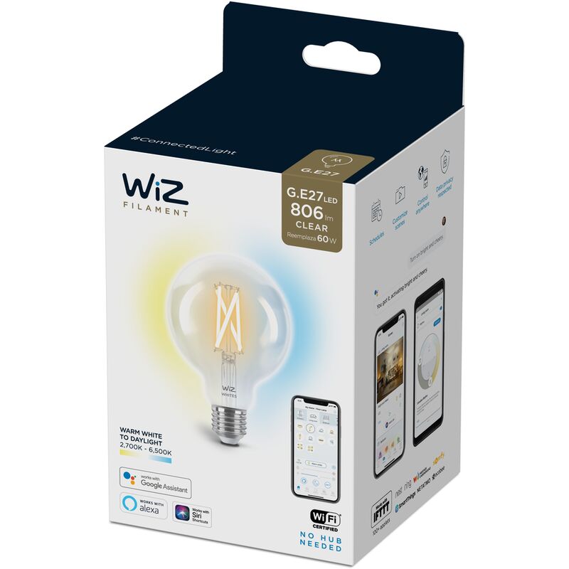 

Wiz Bombilla Wifi LED Filamento Regulable Blancos globo G95 60w E27 Luz blanca de cálida a fría, 2700-6500K, 6.7W (equivale a 60 W), A++