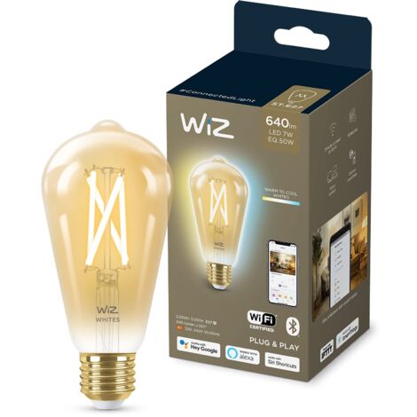 WiZ Lampadina Smart WiFi, Luce Bianca da Calda a Fredda Dimmerabile, Filamento Ambrata, E27, 7W, Tecnologia SpaceSense, Controllo Vocale (Alexa, Apple HomeKit, Google Home)