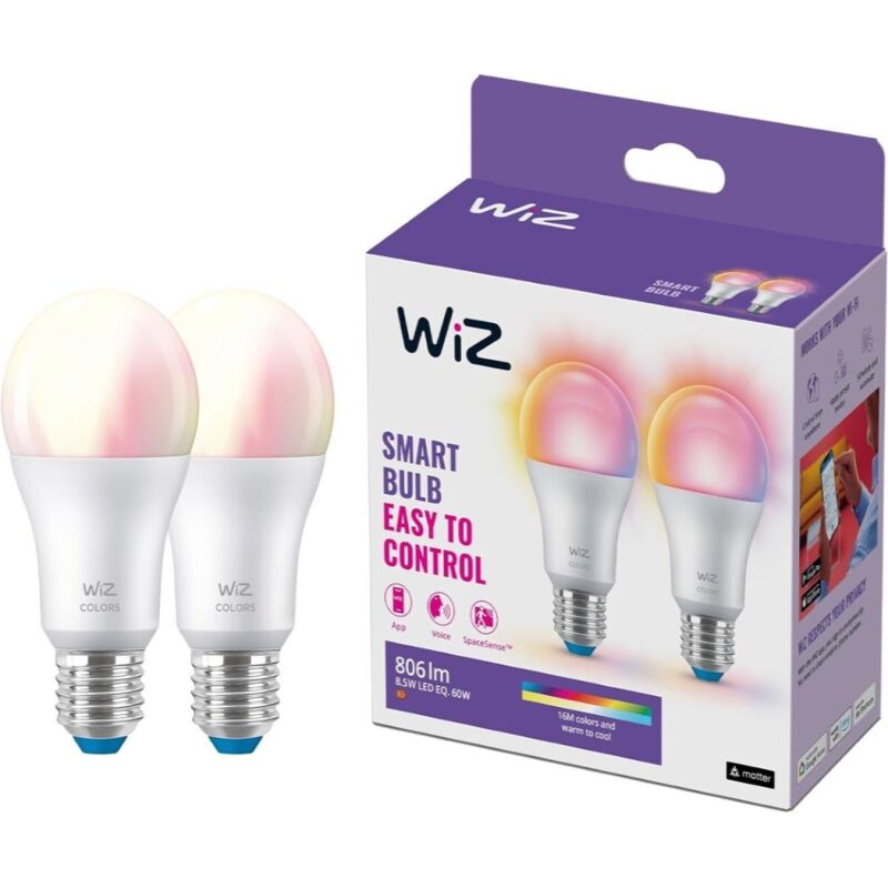 Lot de 2 ampoules connectées Wi-Fi couleur,, 60W, culot E27 - 929003601032 - WIZ