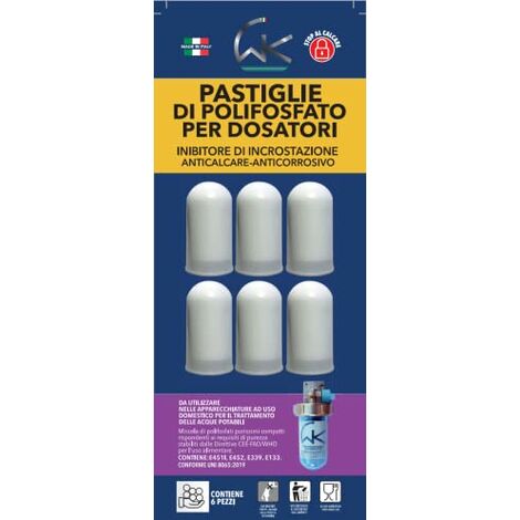 WK Ricariche di Polifosfati in Pastiglie pronte all'uso per Dosatori di caldaie  Cartucce universali per dosatori 6 pezzi  Ricarica super concentrata  Made in Italy