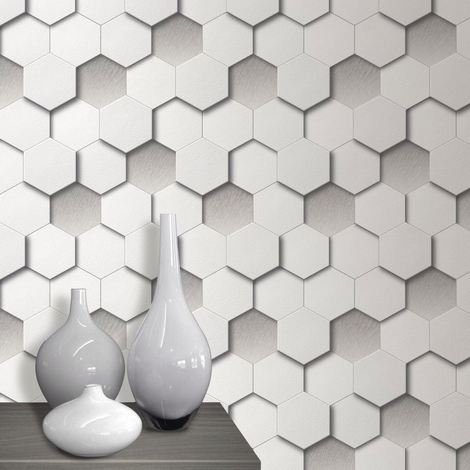 WL-1400 3D Hexagon Wallpaper Geometric Leather Padded Look White Grey