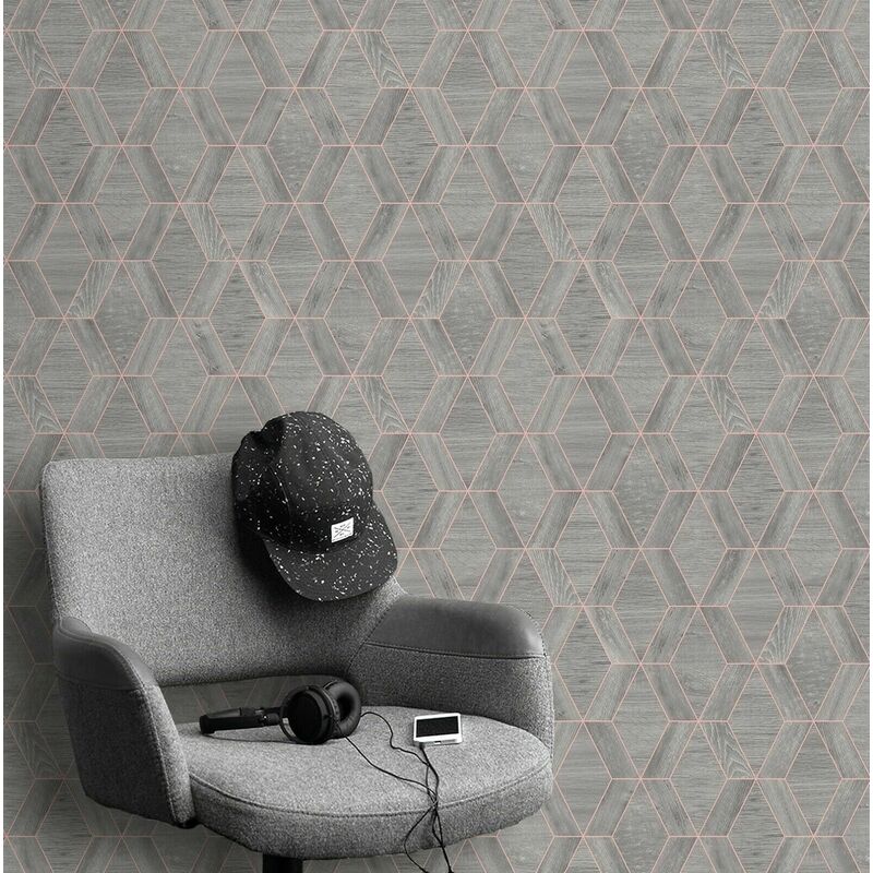 Rasch - Geometric Diamond Grey Wood Effect Metallic Copper Feature Wallpaper Paste Wall