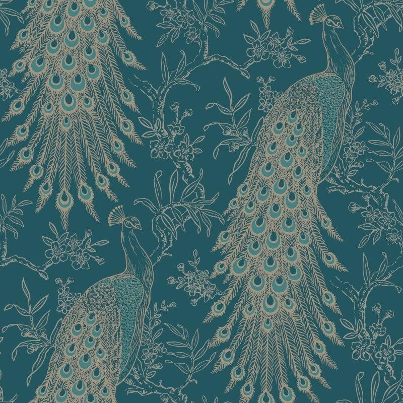 Peacock Wallpaper Teal Gold Metallic Feather Floral Textured Vinyl Birds Rasch