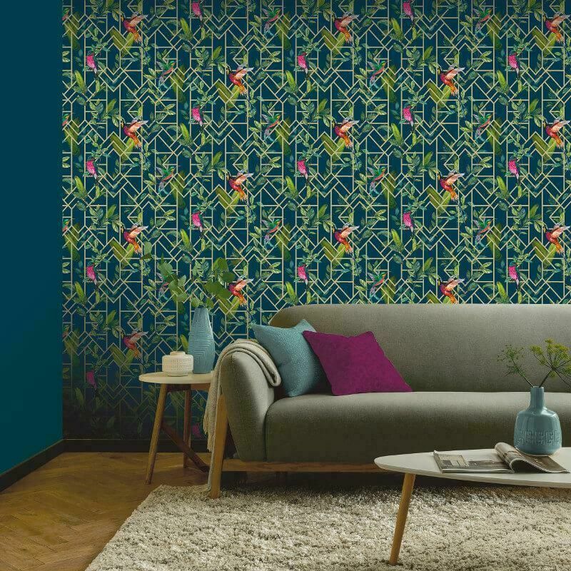 Arthouse - Deco Tropical Metallic Silver Navy Green Birds Geo Wallpaper 908003