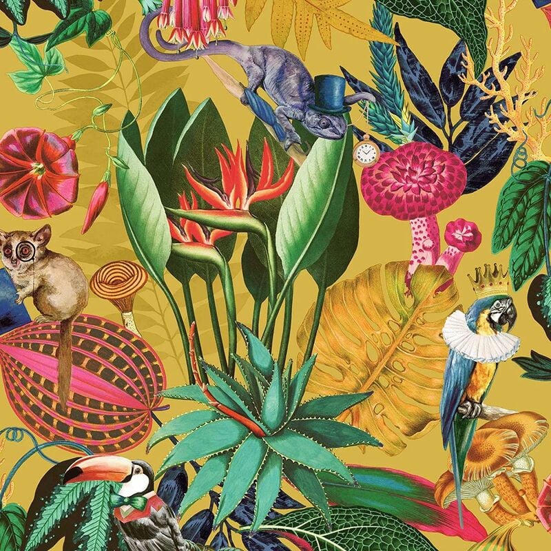 Wonderland Exotic Tropical Birds Animals Rainforest Jungle Palm Wallpaper Ochre Yellow 91190 - Ochre Yellow - Holden