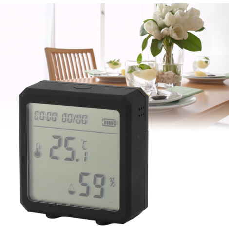 WLAN-fähiges Thermometer-Hygrometer mit Alarm, Sprachsteuerung, LCD-Display, schwarzem ABS-Gehäuse (6 x 6,3 x 2,5 cm), 3 AAA-Batterien, -10 bis 55 °C, 10–99 % relative Luftfeuchtigkeit, kompatibel mit