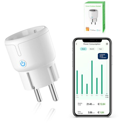 WLAN smart plug, wifi socket with timer, mini plug, app remote control, current measurement, Alexa/Google home compatible, only 2.4 GHz, 10A