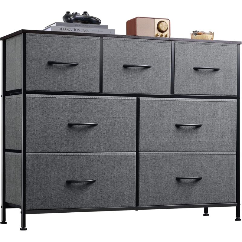 Commode 7 Tiroirs, Rangement Tissu Gris Clair, Cadre Acier, Plateau Bois, Poignée Facile, pour Chambre, Entrée, Couloir, Placards - Wlive