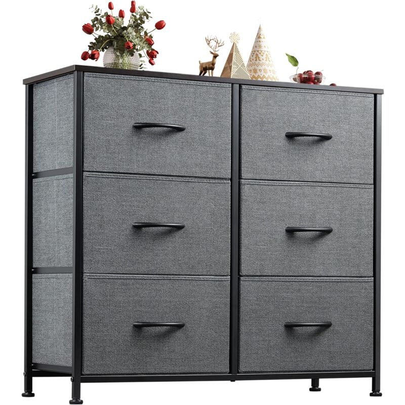 Commode 6 tiroirs tissu et acier pour chambre ou salon, gris noir pratique - Wlive