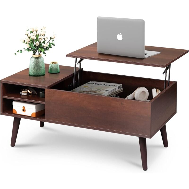 WLIVE Table basse relevable bois métal avec rangement 100 x 50 x 40 cm