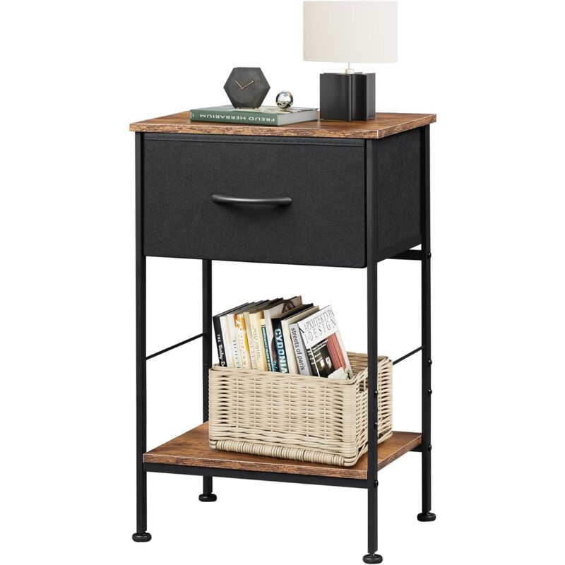 Table de chevet tissu avec tiroir et plateau bois, pratique, marron rustique - Wlive