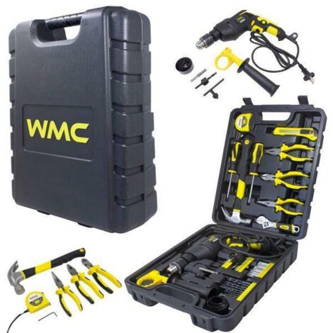 WMC TOOLS Set d'outils professionnels de 59 pièces avec perceuse électrique, pince, pince multiprise, clé à molette, marteau de clous de