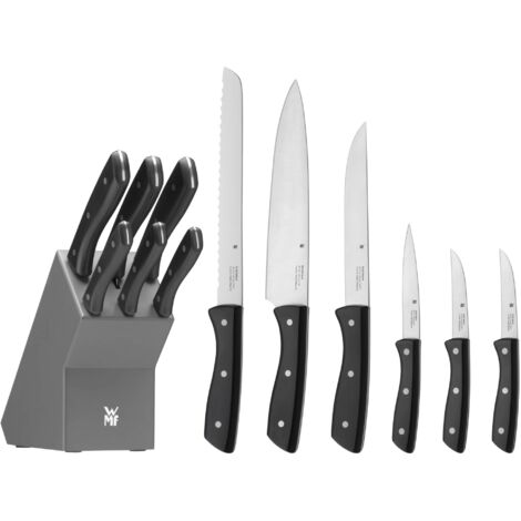 WMF Ceppo portacoltelli con set di 7 coltelli da cucina con portacoltelli, 6 coltelli affilati, blocco in legno laccato, lama speciale in acciaio