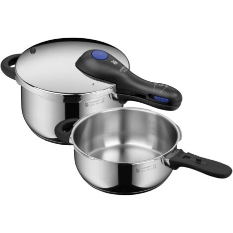 WMF Perfect Plus - Set di pentole a pressione a induzione, 2 pezzi, 4,5 l + 3 l, grande segnale di cottura, 2 livelli di cottura, manico con coperchio rimovibile