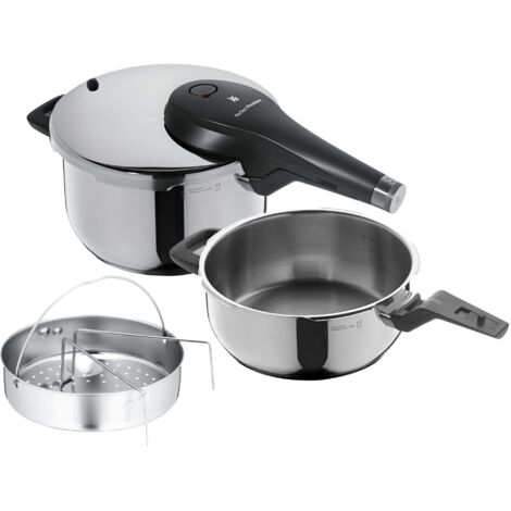 WMF Perfect Premium One Pot - Set di 3 pentole a Pressione a induzione, 4,5 l + 3 l, con Set di Inserti, pentola Grande, in Acciaio Inox Cromargan, 2 Livelli di Cottura, manopola