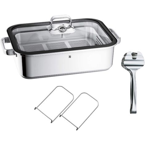 WMF Vitalis Aroma - Pentola a vapore, a induzione, 41 x 27 x 10 cm, teglia da 6,5 l, pinza da servizio, coperchio in vetro, bordo in silicone, termometro, in acciaio inox Cromargan non rivestito