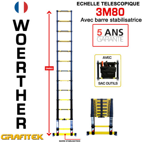 Woerther – Échelle télescopique 3m80 – Barre stabilisatrice – Charge maximale 150Kg – Aluminium 7175T6 – Verrouillage automatique des paliers