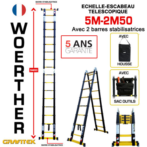 Woerther – Échelle télescopique 5m avec barre stabilisatrice – Charge maximale 150kg – Housse et sac porte outils inclus – Garantie 5 ans