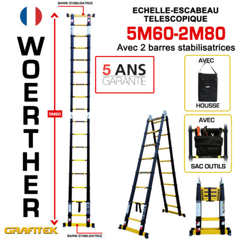 Woerther – Échelle télescopique 5m60 avec barre stabilisatrice – Charge maximale 150kg – Housse et sac porte outils inclus – Garantie 5 ans