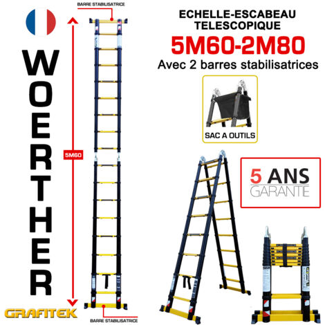Woerther – Échelle télescopique 5m60 avec barre stabilisatrice – Charge maximale 150kg – Système 'Push & Go' – Embouts antidérapants
