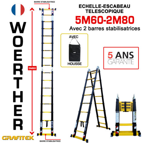 Woerther – Échelle télescopique 5m60 – Charge maximale 150kg – Barre stabilisatrice pour sécurité accrue – Garantie 5 ans