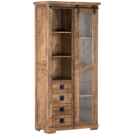 Wohn-/Esszimmer Vitrine in Mangoholz natur massiv KARLSTAD-123, B/H/T ca. 90/190/47 cm