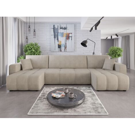 Wohnlandschaft mit Schlaffunktion DAGNY Sofa U-Form in Stoff Cosmic Beige