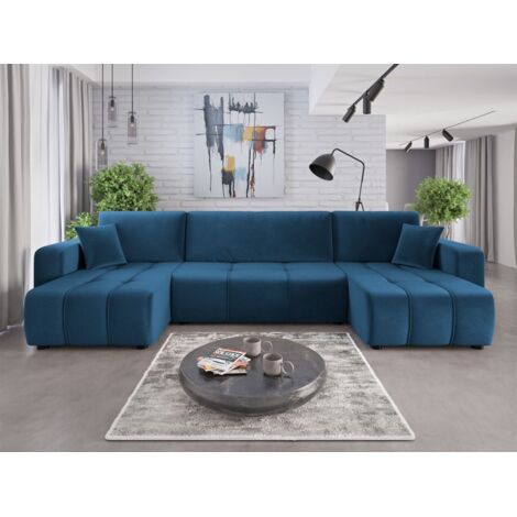 Wohnlandschaft mit Schlaffunktion DAGNY Sofa U-Form in Stoff Kronos Blau