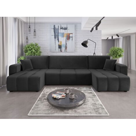Wohnlandschaft mit Schlaffunktion DAGNY Sofa U-Form in Stoff Kronos Dunkelgrau