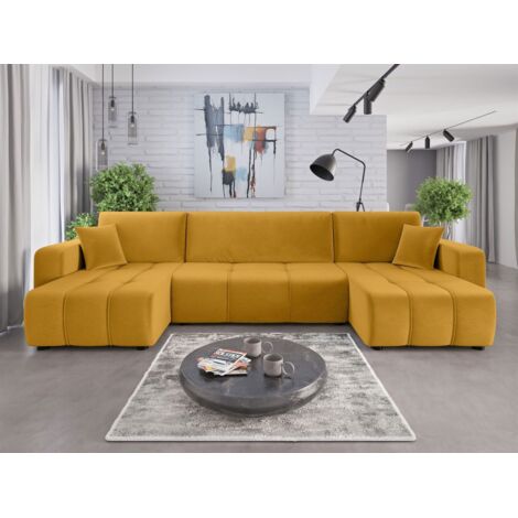 Wohnlandschaft mit Schlaffunktion DAGNY Sofa U-Form in Stoff Kronos Senfgelb