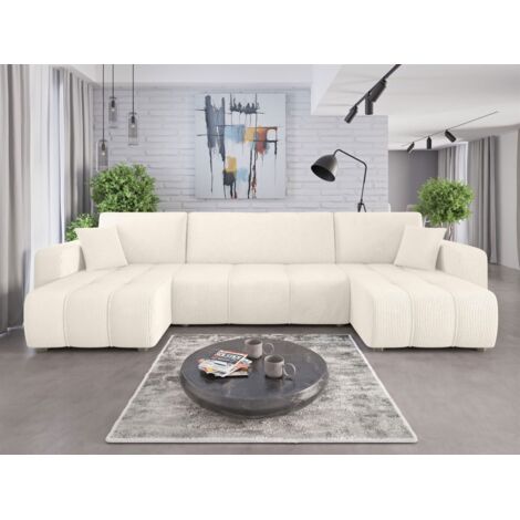 Wohnlandschaft mit Schlaffunktion DAGNY Sofa U-Form in Stoff Poso Creme
