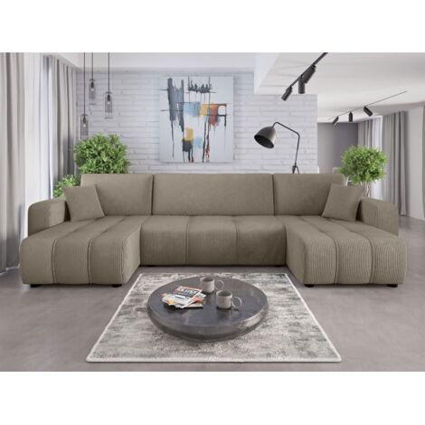 Wohnlandschaft mit Schlaffunktion DAGNY Sofa U-Form in Stoff Poso Hellbraun