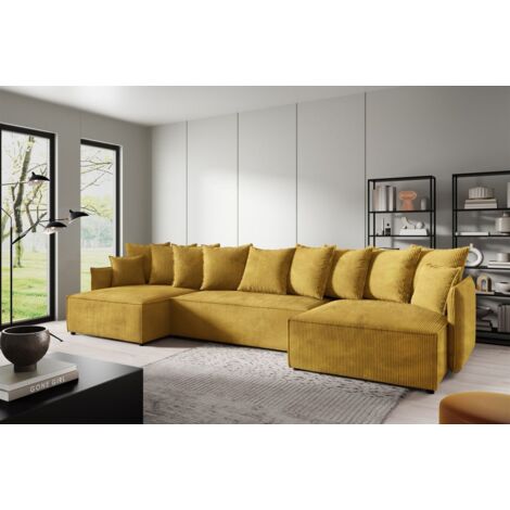 Wohnlandschaft mit Schlaffunktion MINEA Sofa U-Form in Stoff Poso Honiggelb