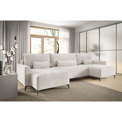 Wohnlandschaft mit Schlaffunktion SILVES Sofa U-Form Stoff Poso Altweiß