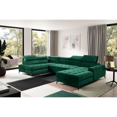 Wohnlandschaft Schlafsofa AGNESA Stoff Salvador Dunkelgrün Ottomane Rechts