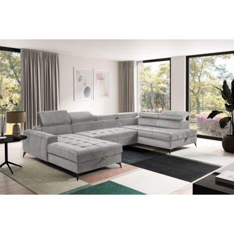 Wohnlandschaft Schlafsofa AGNESA Stoff Salvador Hellgrau Ottomane Links