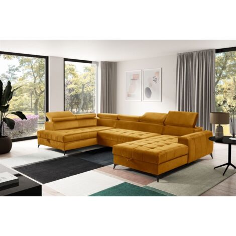 Wohnlandschaft Schlafsofa AGNESA Stoff Salvador Honiggelb Ottomane Rechts