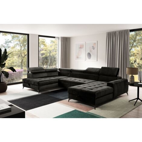 Wohnlandschaft Schlafsofa AGNESA Stoff Salvador Schwarz Ottomane Rechts