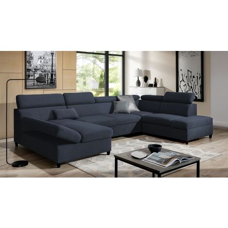 Wohnlandschaft Schlafsofa Sofa ANTON in Stoff Esito Dunkelblau Ottomane Links
