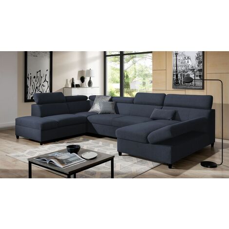 Wohnlandschaft Schlafsofa Sofa ANTON in Stoff Esito Dunkelblau Ottomane Rechts