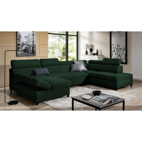 Wohnlandschaft Schlafsofa Sofa ANTON in Stoff Esito Dunkelgrün Ottomane Links