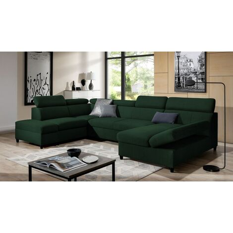 Wohnlandschaft Schlafsofa Sofa ANTON in Stoff Esito Dunkelgrün Ottomane Rechts
