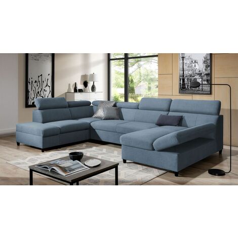 Wohnlandschaft Schlafsofa Sofa ANTON in Stoff Esito Hellblau Ottomane Rechts