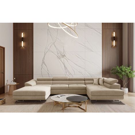 Wohnlandschaft Schlafsofa Sofa CARMELO in Stoff Nova Beige Ottomane Links