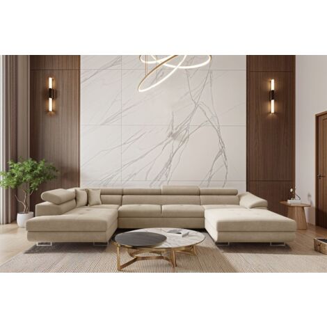 Wohnlandschaft Schlafsofa Sofa CARMELO in Stoff Nova Beige Ottomane Rechts