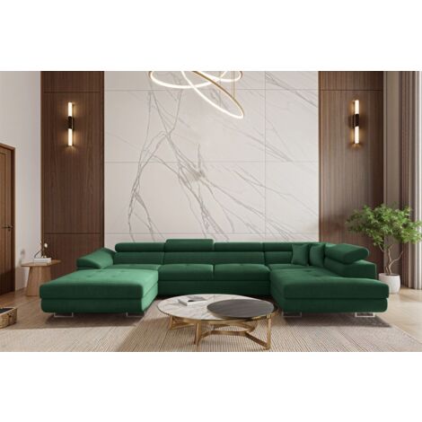 Wohnlandschaft Schlafsofa Sofa CARMELO in Stoff Nova Grün Ottomane Links