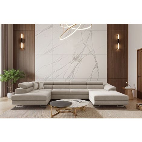 Wohnlandschaft Schlafsofa Sofa CARMELO in Stoff Nova Hellgrau Ottomane Rechts